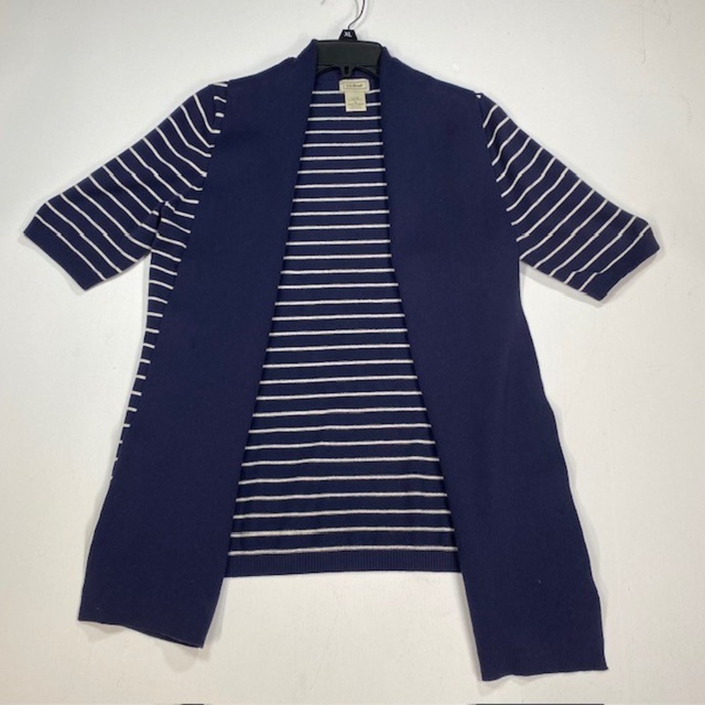 LL Bean‎ Womens Cardigan Navy White Stripe Short Sleeve Open Front M